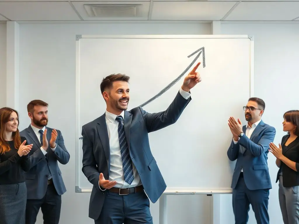A businessman points at a single upward arrow on a whiteboard while colleagues applaud.