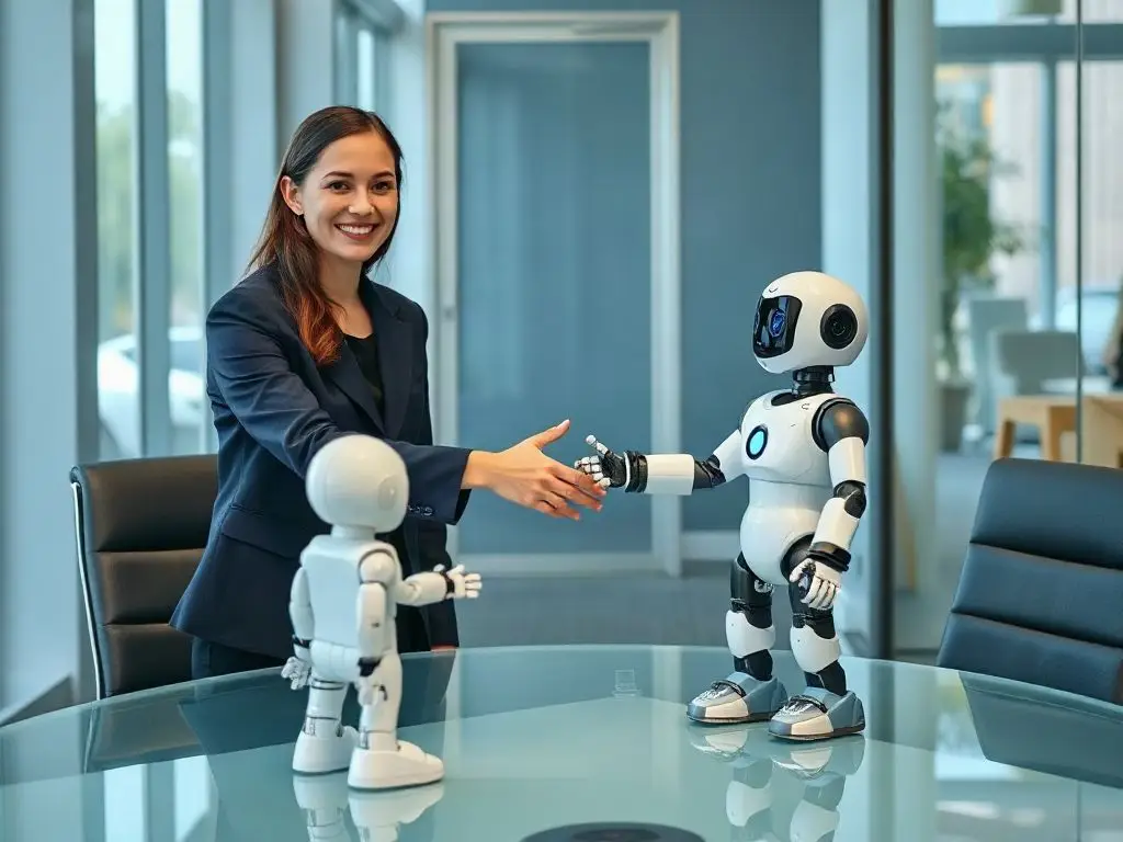 A smiling businesswoman shakes hands with a small white robot across a glass table.