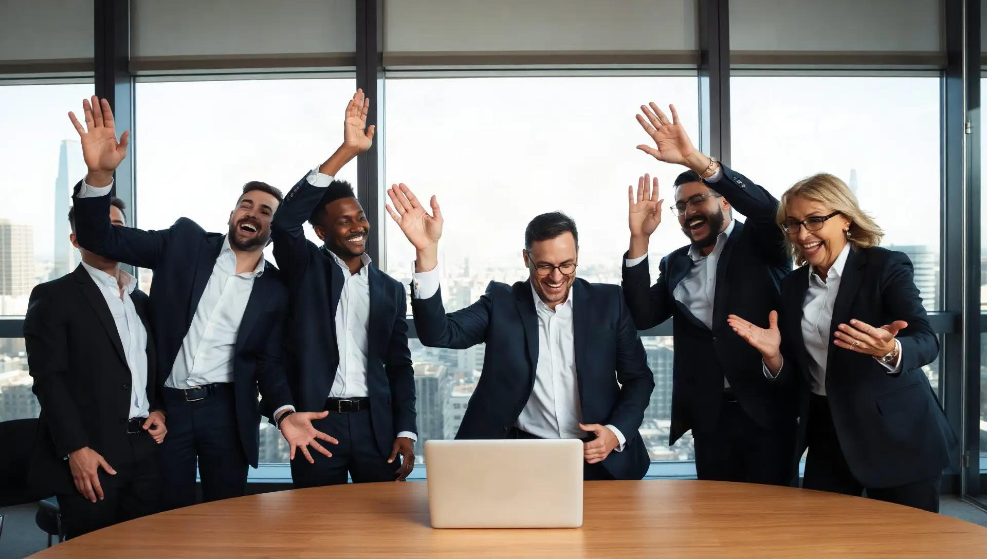 Stock photo: six business people in suits high-five ecstatically around one laptop in a glass office.
