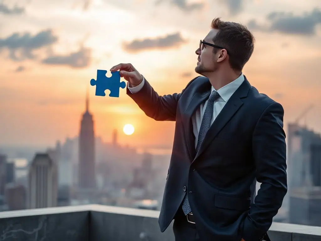 A businessman on a rooftop holds a blue puzzle piece up against a sunset skyline.