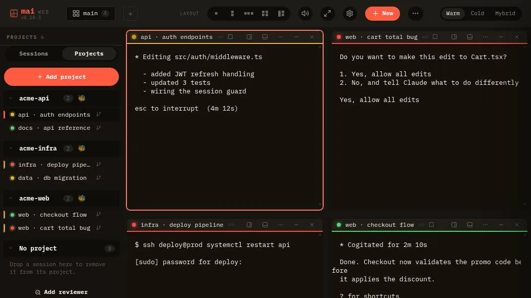 The mai workspace: several AI agent sessions side by side in one window.